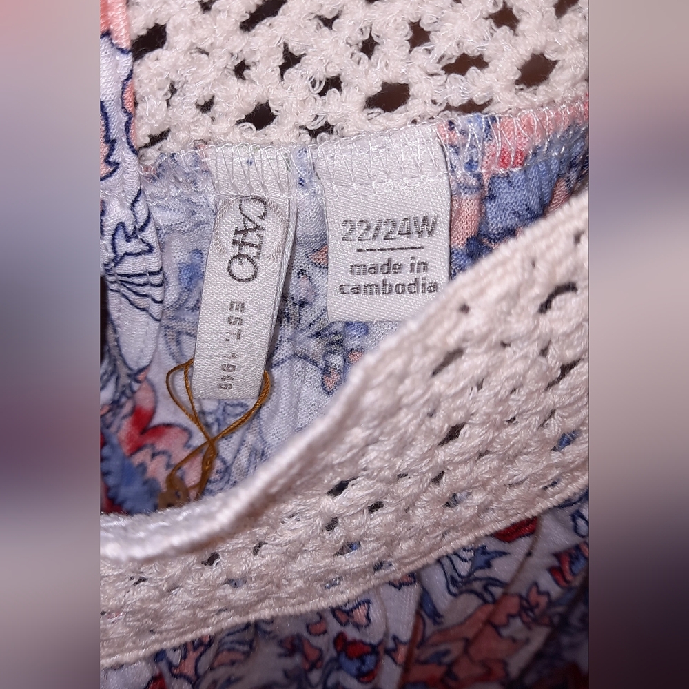 Cato Fashion Loose Fit Blue and White with Floral Tank Top with Crochet Trim. - Picture 7 of 12